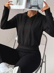 Streetz SHEIN Sport Breathable Mesh Cutout Back Hooded Top Solid Black Perforated Mesh Fabric, Long Sleeve Sweatshirt, Speci - Black - View 1