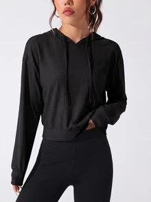Streetz SHEIN Sport Breathable Mesh Cutout Back Hooded Top Solid Black Perforated Mesh Fabric, Long Sleeve Sweatshirt, Speci - Black - View 5