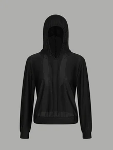 Streetz SHEIN Sport Breathable Mesh Cutout Back Hooded Top Solid Black Perforated Mesh Fabric, Long Sleeve Sweatshirt, Speci - Black - View 8