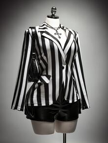 SHEIN ICON Plus Size Women's Striped Colorblock Casual Commuter Blazer - Multicolor - View 7