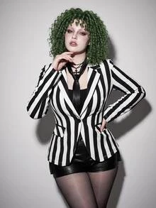 SHEIN ICON Plus Size Women's Striped Colorblock Casual Commuter Blazer - Multicolor - View 1