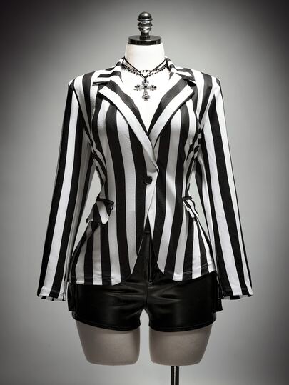 SHEIN ICON Plus Size Women's Striped Colorblock Casual Commuter Blazer