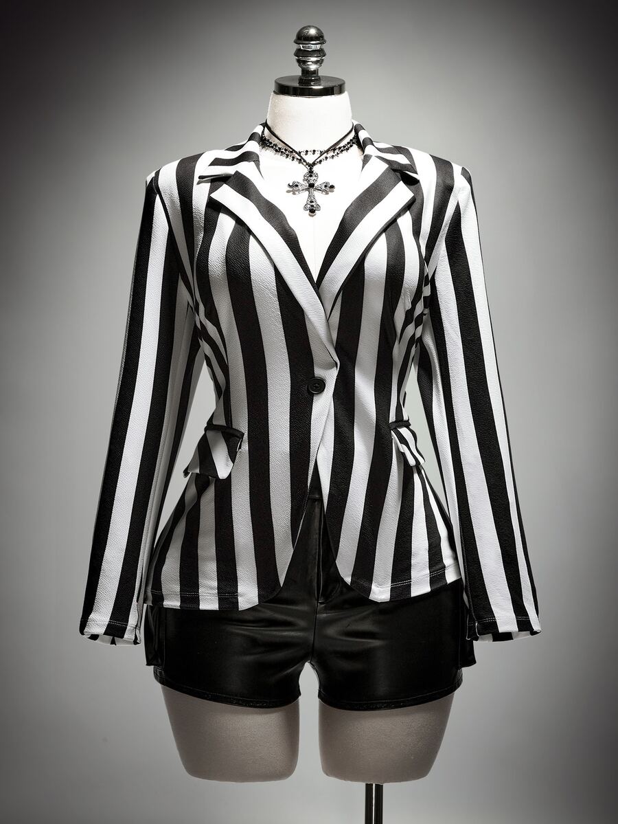 SHEIN ICON Plus Size Women's Striped Colorblock Casual Commuter Blazer - Multicolor - View 1