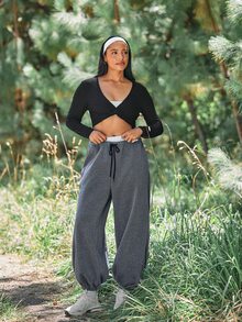Voyena Women's Plus Size Drawstring Waist Casual Versatile Daily Wear Sports Leggings - Dark Grey - View 8