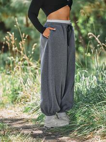 Voyena Women's Plus Size Drawstring Waist Casual Versatile Daily Wear Sports Leggings - Dark Grey - View 4