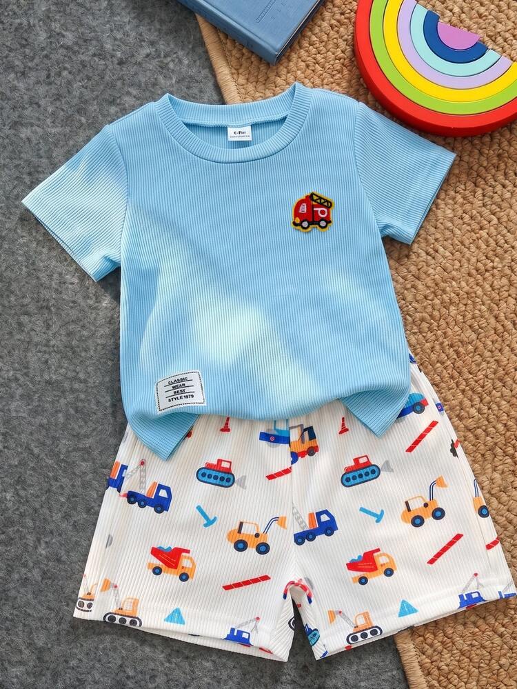 SHEIN Playful Pals 2pcs Baby Boy Light Blue White Knitted Ribbed T-Shirt + Elastic Waist Car Print Shorts, Cute Tropical Fashion Summer Holiday Family Matching Vacation - Blue - View 1