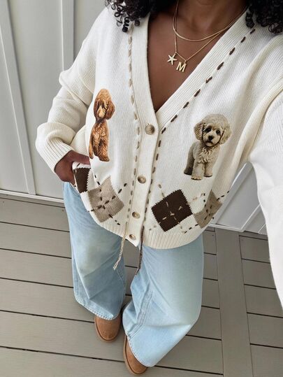 CovetEZ Women's Casual Puppy Argyle Print Cardigan, Autumn/Winter