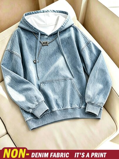 INAWLY Spring/Autumn Versatile Bestselling Casual Pullover Sweatshirt For Women, Acid Wash Denim Hooded Sweatshirt, Loose Fit Drop Shoulder Long Sleeve Top With Kangaroo Pocket, Vintage Y2K High Street Slouchy