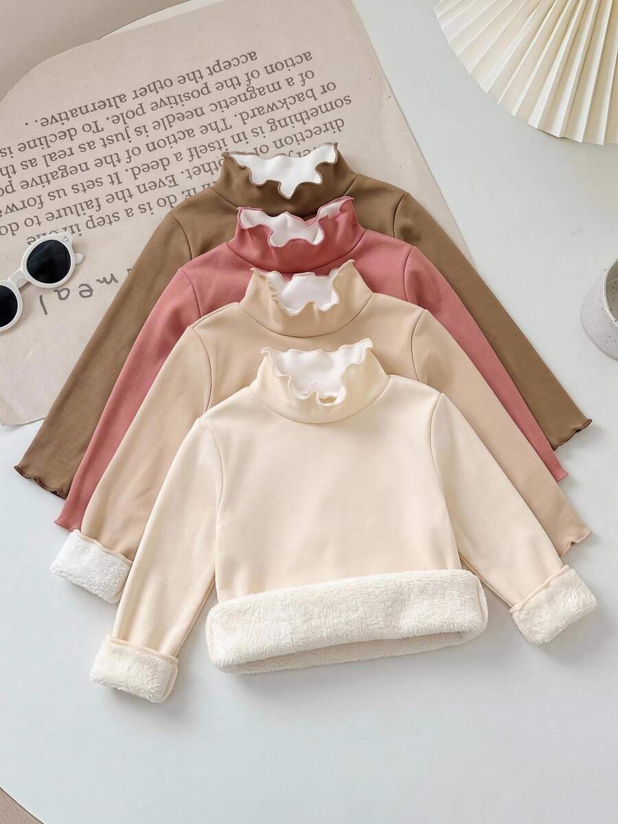 SHEIN Baby Girl High Neck Ruffle Fleece Composite Thick Long Sleeve Base Layer, 4pcs -Piece Set, Suitable For Winter - Multicolor - View 1