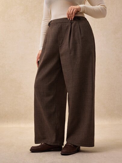 Écloséra Curve Women's Plus Size Straight Leg Pants With Decorative Buckle And Plaid Pattern, Casual, Vacation, Business, Elegant, Valentine's Day