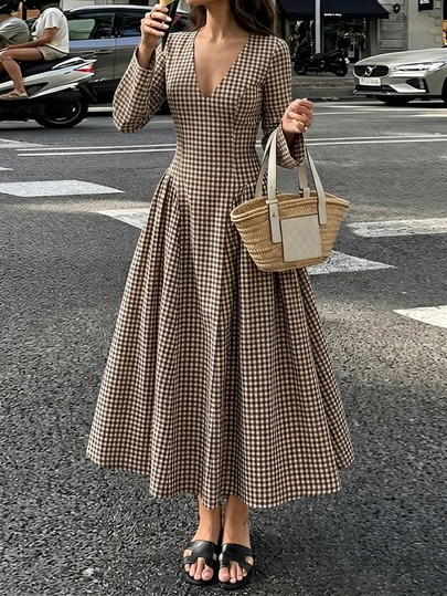 Lucivie Women's Elegant Casual Vintage French Gingham Dress For Women Brown Plaid Deep V Long Sleeve Fit And Flare Office Daily Midi Dress
