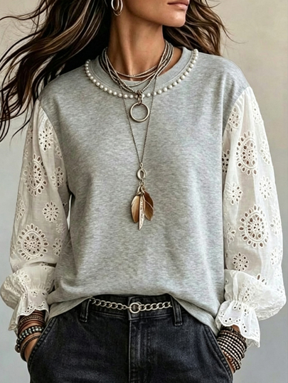 SHEIN Women's Sweatshirt Summer Top Sportswear Elegant Casual Gray Patchwork Embroidered Pearl Daily Commute Shopping Round Neck Brunch