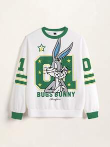 LOONEY TUNES X SHEIN 女款卡通圖案印花條紋長袖運動衫 - 白色 - 查看 6