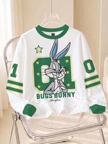 LOONEY TUNES X SHEIN 女款卡通圖案印花條紋長袖運動衫 - 白色 - 查看 1
