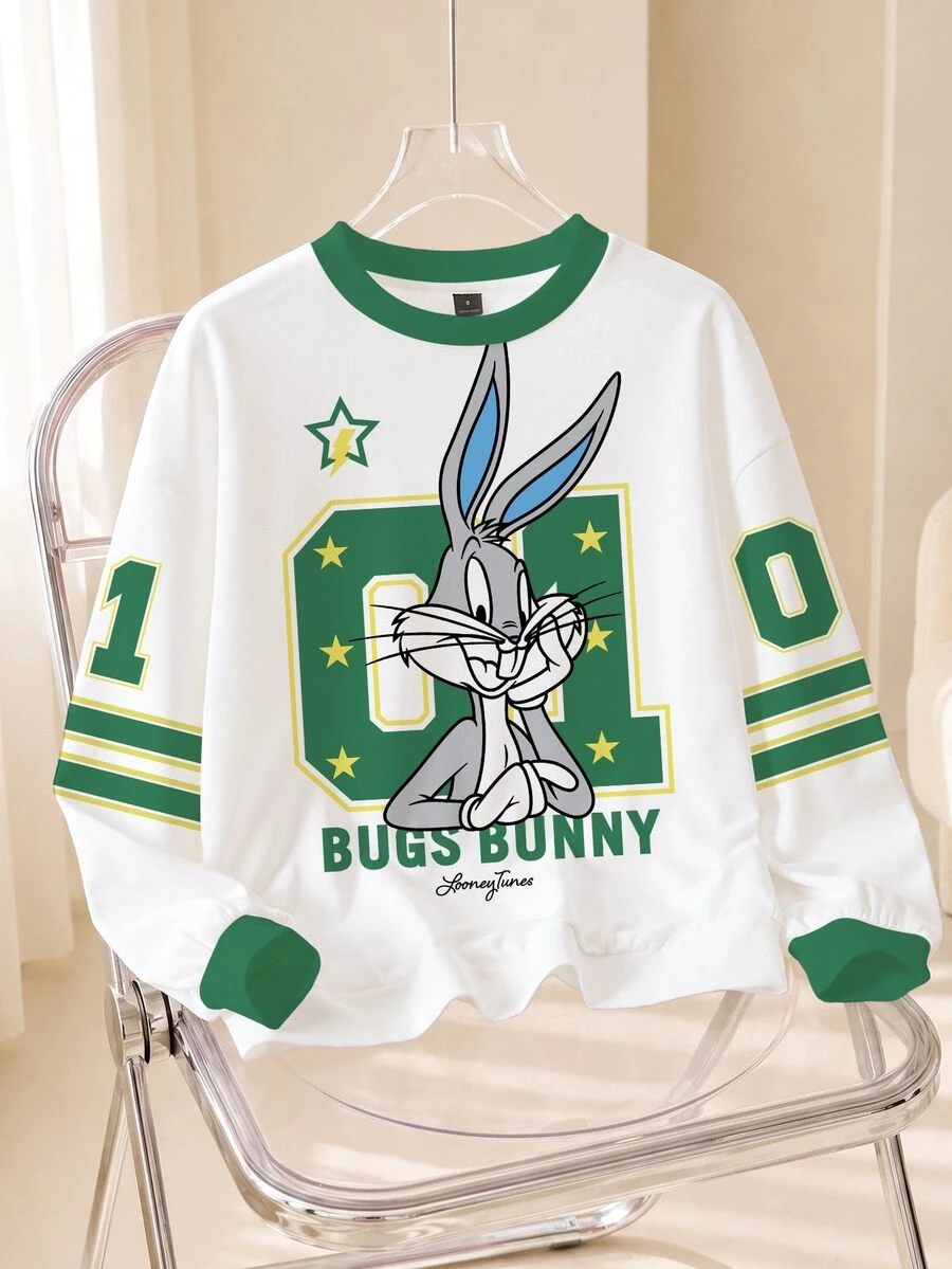 LOONEY TUNES X SHEIN 女款卡通圖案印花條紋長袖運動衫 - 白色 - 查看 1