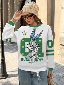 LOONEY TUNES X SHEIN 女款卡通圖案印花條紋長袖運動衫 - 白色 - 查看 3