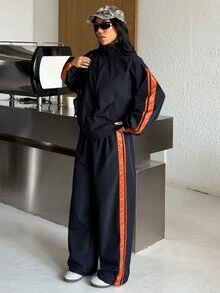 Muchica Women's Black Nylon Stand Collar Zip Jacket Wide Leg Pants Side Stripes Sports Set Breathable Gym Running Activewear Lounge Workout - Blue - View 7