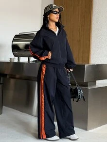 Muchica Women's Black Nylon Stand Collar Zip Jacket Wide Leg Pants Side Stripes Sports Set Breathable Gym Running Activewear Lounge Workout - Blue - View 4