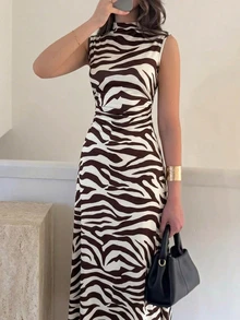 Firerie Women's Chic Zebra Print Dress Sleeveless High Neck Elegant Casual Long Dress For Summer Fall Fashion Dresses To Make You Look Slimmer For Casual - Multicolor - View 8