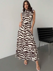 Firerie Women's Chic Zebra Print Dress Sleeveless High Neck Elegant Casual Long Dress For Summer Fall Fashion Dresses To Make You Look Slimmer For Casual - Multicolor - View 4