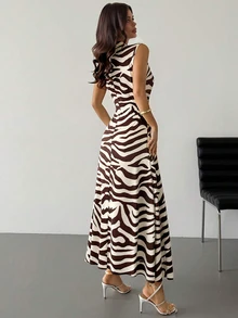 Firerie Women's Chic Zebra Print Dress Sleeveless High Neck Elegant Casual Long Dress For Summer Fall Fashion Dresses To Make You Look Slimmer For Casual - Multicolor - View 3