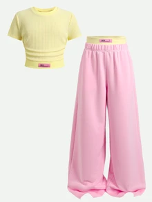 SHEIN 青少年女孩休閒街頭風奶油黃配色圓領短袖T恤與長褲兩件套夏季套裝 - 粉色 - 查看 8