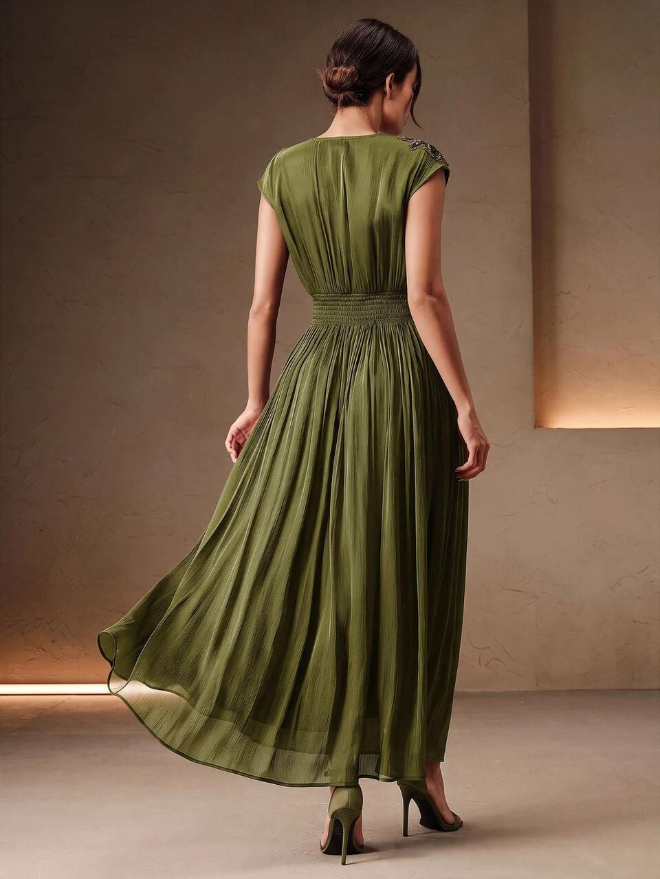 AnewstaV Sleeveless Olive Green Cinched Waist 3D Floral Applique Women's Evening Long Dress, Suitable For Commute, Gathering, Date, Party, Christmas, Wedding Guest, Graduation Season