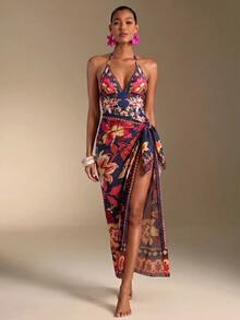 SHEIN Swim 南美椰子樹粉綠花卉拼接印花高級女款連身海灘度假套裝 - 彩色 - 查看 1