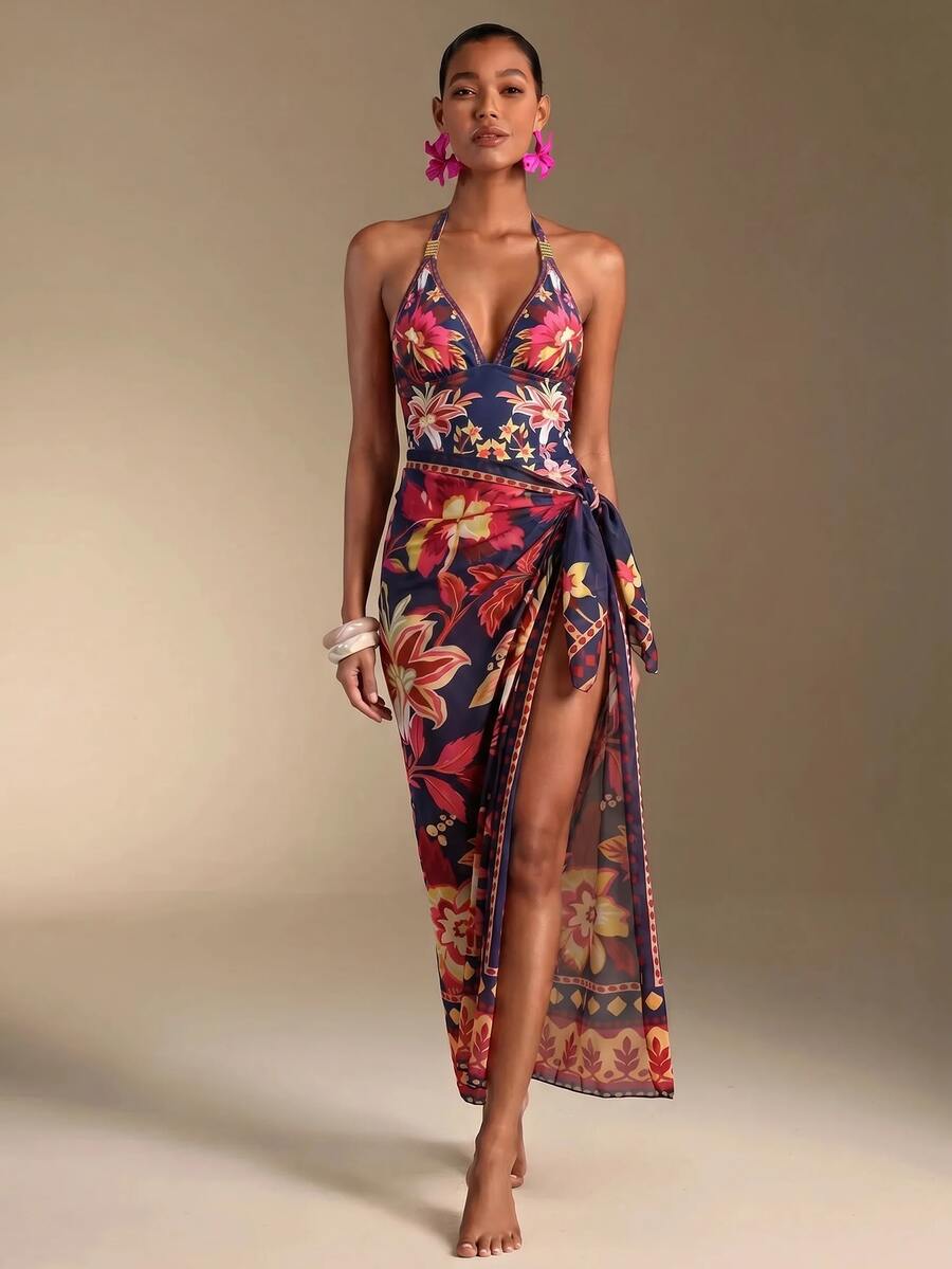 SHEIN Swim 南美椰子樹粉綠花卉拼接印花高級女款連身海灘度假套裝 - 彩色 - 查看 1