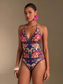 SHEIN Swim 南美椰子樹粉綠花卉拼接印花高級女款連身海灘度假套裝 - 彩色 - 查看 4