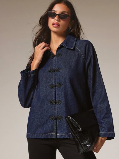 Athîral Denim Women's  Frog Button Long Sleeve  Casual Streetwear Denim Jacket,Vintage Washed Dark Blue,Commute,Going Out,Cool Girl Outfits