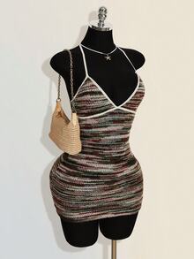 SHEIN ICON Women's Colorful Jacquard Knit Contrast Ribbed Trim Halter Neck Backless Deep V Mini Beach Dress - Multicolor - View 12