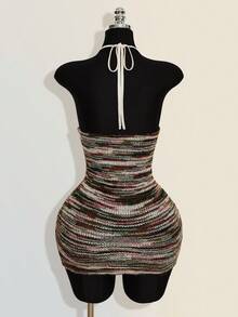 SHEIN ICON Women's Colorful Jacquard Knit Contrast Ribbed Trim Halter Neck Backless Deep V Mini Beach Dress - Multicolor - View 2