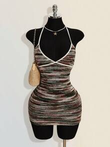 SHEIN ICON Women's Colorful Jacquard Knit Contrast Ribbed Trim Halter Neck Backless Deep V Mini Beach Dress - Multicolor - View 11
