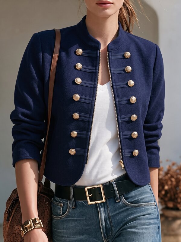 SHEIN PariChic 2026 Navy Blue Vintage Napoleon Military Style Short Jacket For Women, Stand Collar Double-Breasted Gold Button Slim Fit Cropped Winter Elegant Office