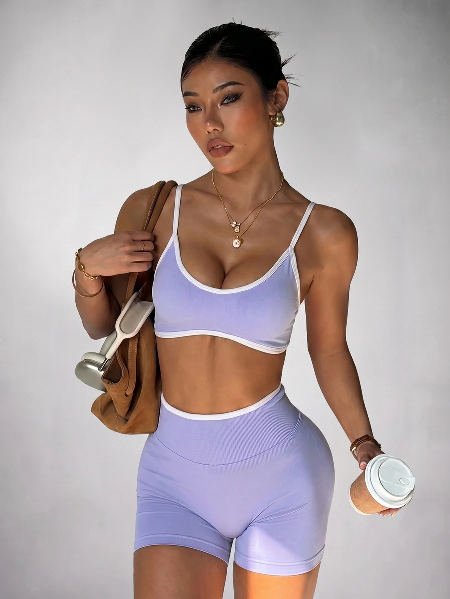 Slayform Slayform Women's Seamless Yoga Activewear Sporty Athletic Set Gym Light Blue And White Summer