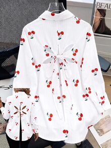 EMERY ROSE Kemeja Wanita Ukuran Besar Minimalis Elegan Gaya Peri Kasual Serbaguna Motif Ceri Cocok untuk Liburan Musim Gugur, Pernikahan, Tamu, Makan Siang, Liburan, Putih dan Hijau - MultiWarna - View 3