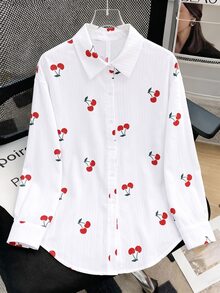 EMERY ROSE Kemeja Wanita Ukuran Besar Minimalis Elegan Gaya Peri Kasual Serbaguna Motif Ceri Cocok untuk Liburan Musim Gugur, Pernikahan, Tamu, Makan Siang, Liburan, Putih dan Hijau - MultiWarna - View 2