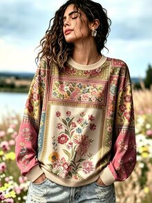 Breezaya 大尺碼女款波希米亞復古花卉印花圓領長袖衛衣，休閒上衣，適合日常穿著，秋冬款 - 彩色 - 查看 4