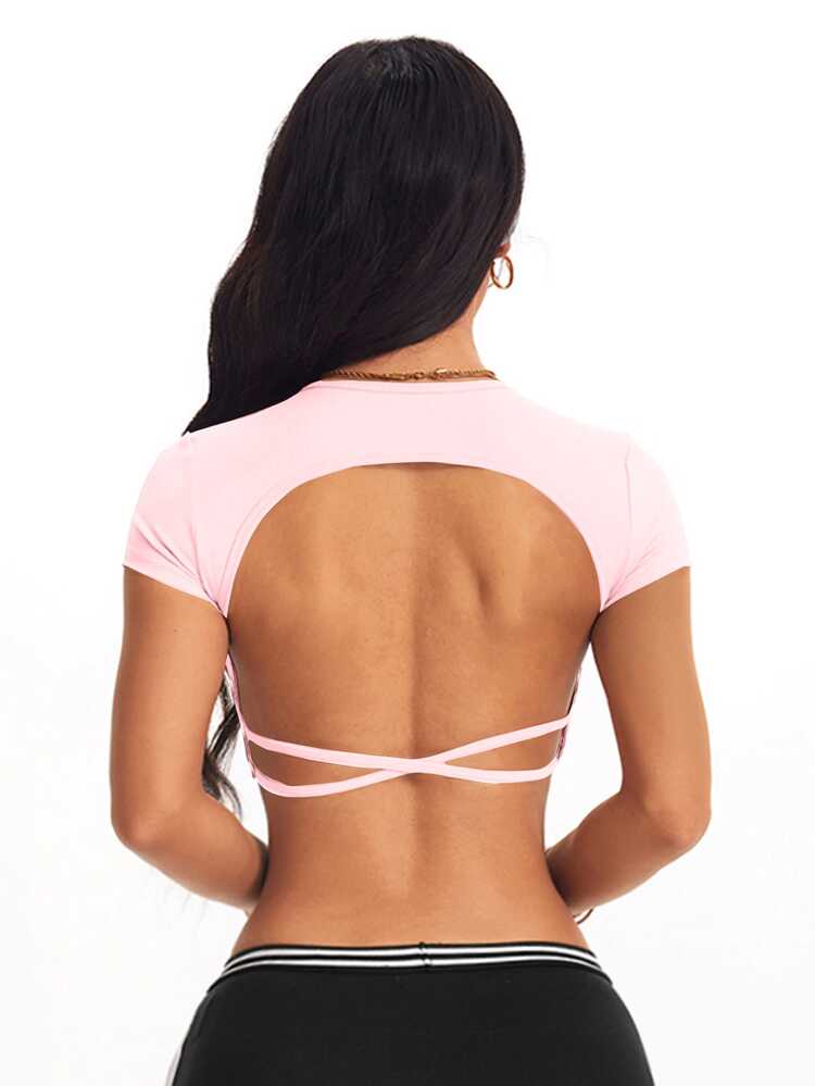 Slayform Slayform Women's Light Pink Summer Sexy Athleisure Gym Backless Spaghetti Strap Fitted Short Sports T-Shirt Short Sleeve Workout Top Open Back Athletic Shirt - Baby Pink - View 4