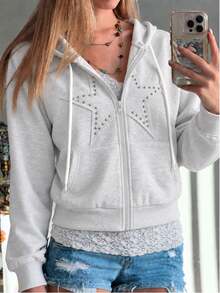 INAWLY Sweatshirt Lengan Panjang Wanita Berhiaskan Stud, Serbaguna untuk Liburan - Grey - View 3