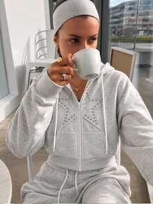 INAWLY Sweatshirt Lengan Panjang Wanita Berhiaskan Stud, Serbaguna untuk Liburan - Grey - View 1