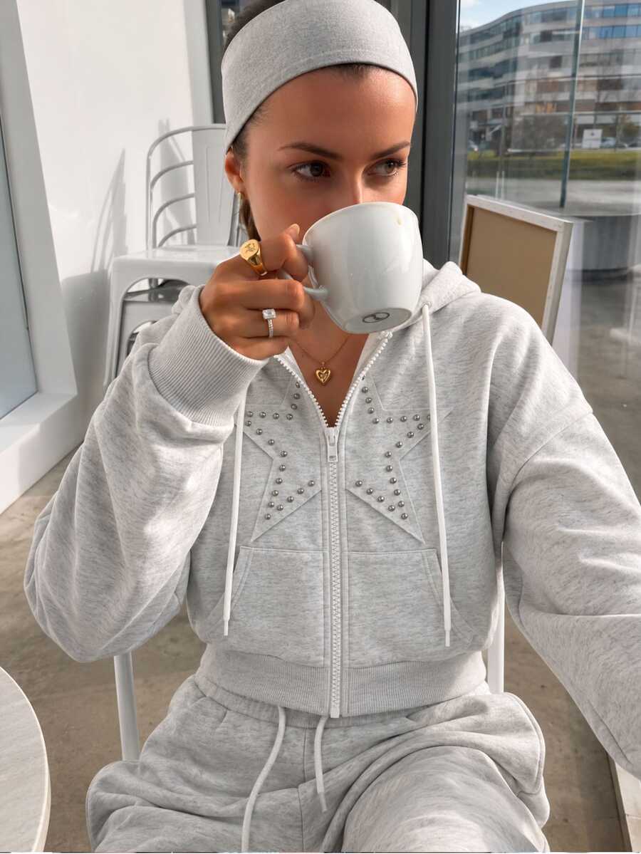 INAWLY Sweatshirt Lengan Panjang Wanita Berhiaskan Stud, Serbaguna untuk Liburan - Grey - View 1