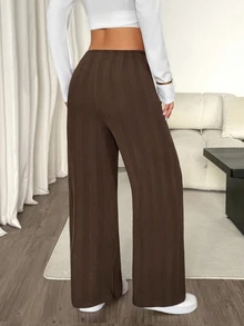 SHEIN PETITE 女款極簡純色紋理抽繩腰鬆身長褲 - 棕色 - 查看 3