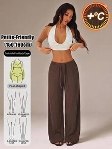 SHEIN PETITE 女款極簡純色紋理抽繩腰鬆身長褲 - 棕色 - 查看 12