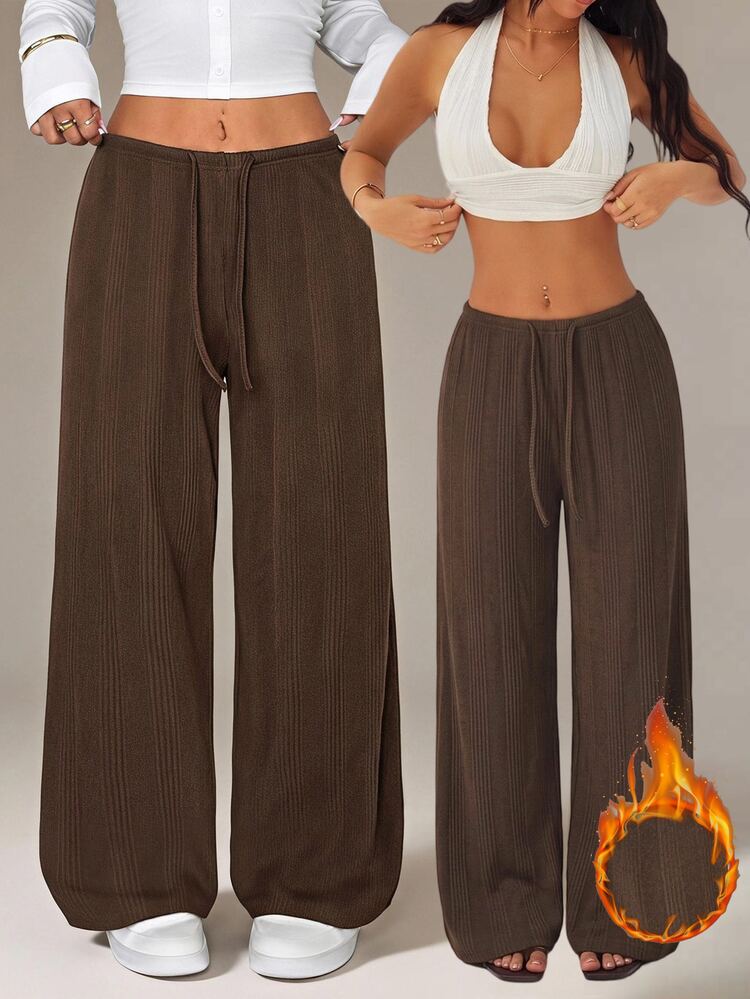 SHEIN PETITE Women's Minimalist Solid Color Textured Drawstring Waist Loose Long Pants - Brown - View 9