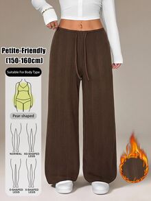 SHEIN PETITE 女款極簡純色紋理抽繩腰鬆身長褲 - 棕色 - 查看 8