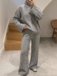 SHEIN EZwear 半拉鍊針織毛衣與針織長褲套裝 - 淺灰色 - 查看 11