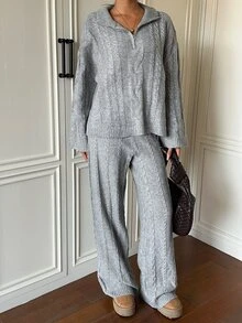 SHEIN EZwear 半拉鍊針織毛衣與針織長褲套裝 - 淺灰色 - 查看 4