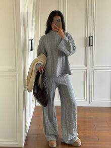 SHEIN EZwear 半拉鍊針織毛衣與針織長褲套裝 - 淺灰色 - 查看 6